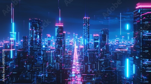 A digital painting of a cyberpunk city at night. The city is full of tall buildings, neon lights, and flying cars. The sky is dark and there are clouds.