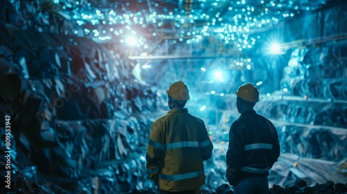Two miners looking at the lights in the cave