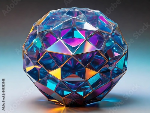 Design a holographic truncated icosidodecahedron, a polyhedron with twenty hexagonal and twelve decagonal faces, creating an intricate geometric structure. photo