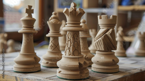 A wooden chess set with a broken piece