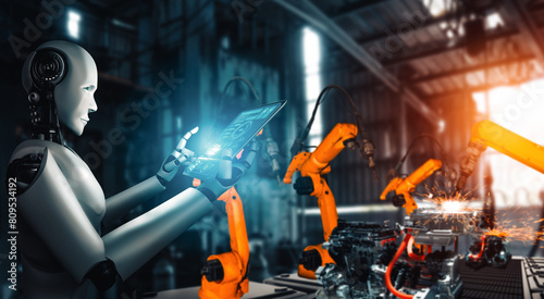 MLP Mechanized industry robot and robotic arms for assembly in factory production. Concept of artificial intelligence for industrial revolution and automation manufacturing process.