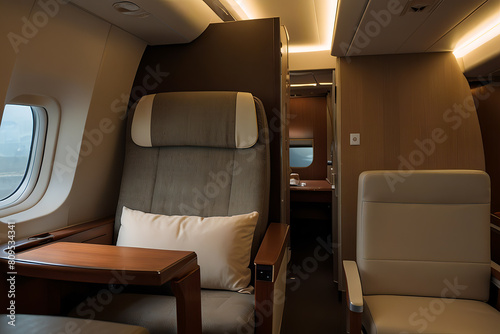 Luxury First class very nice and comfort seat in flight service.VIP business cabin chair.Luxury First class very nice and comfort seat in flight service.VIP business cabin chair. photo