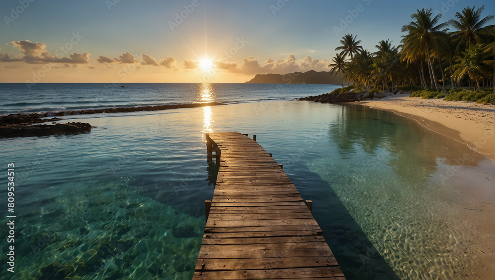 Tropical beach background as summer landscape with lounge chairs, palm trees and calm sea for beach Tropical beach background as summer landscape with lounge chairs, palm trees and calm sea for beach
