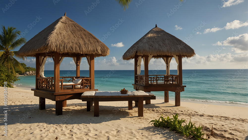 Tropical beach background as summer landscape with lounge chairs, palm trees and calm sea for beach Tropical beach background as summer landscape with lounge chairs, palm trees and calm sea for beach