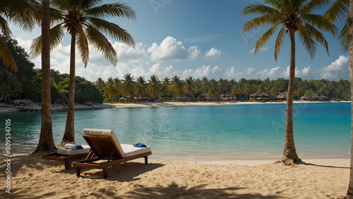 Wallpaper Mural Tropical beach background as summer landscape with lounge chairs, palm trees and calm sea for beach Torontodigital.ca