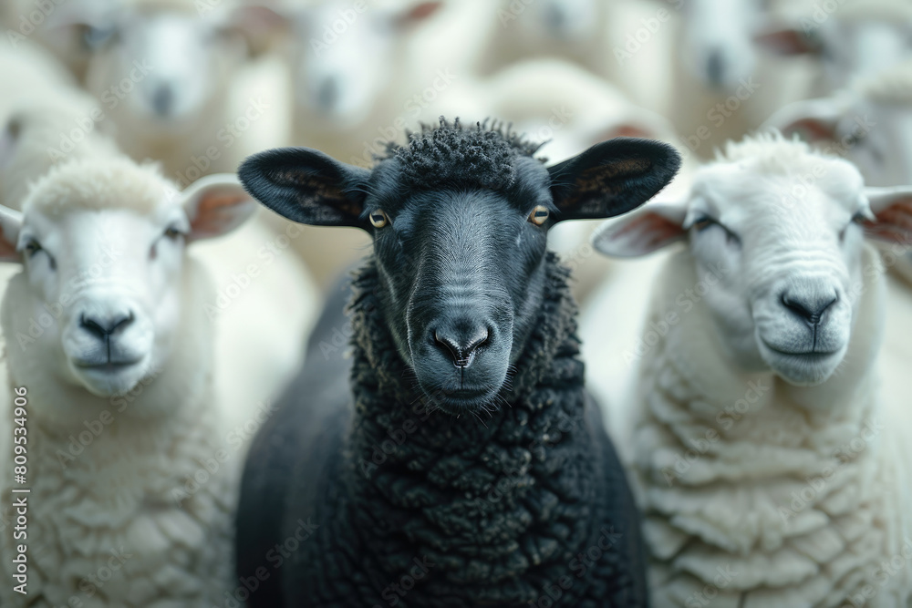 A black sheep among a flock of white sheep, raising head as a leader. Being different and unique with its own identity and special skills among the others