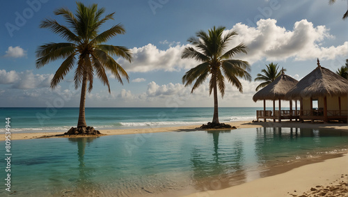 Tropical beach background as summer landscape with lounge chairs  palm trees and calm sea for beach