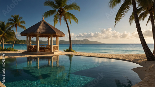 Tropical beach background as summer landscape with lounge chairs  palm trees and calm sea for beach