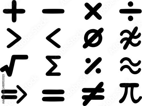 Math symbols and mathematics icon set in high resolution on white background. Calculation symbols for teaching learning apps and websites.