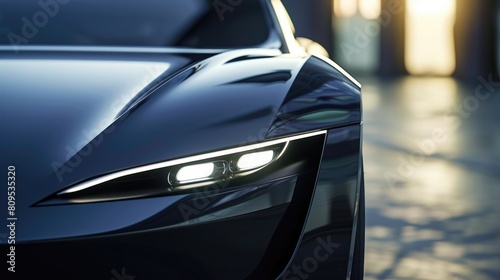 A close-up of a sleek black luxury sports car s headlight  showcased in the reflective ambiance of a premium car showroom. AIG41