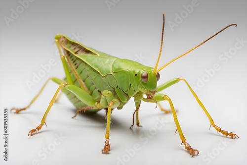 A green and yellow katydid is perched on a white surface © Aoun