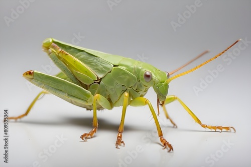 A green and yellow katydid is perched on a white surface © Aoun