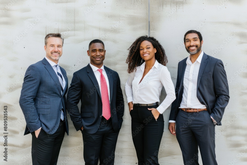 Four professional individuals in business attire exude confidence and teamwork against a textured white wall