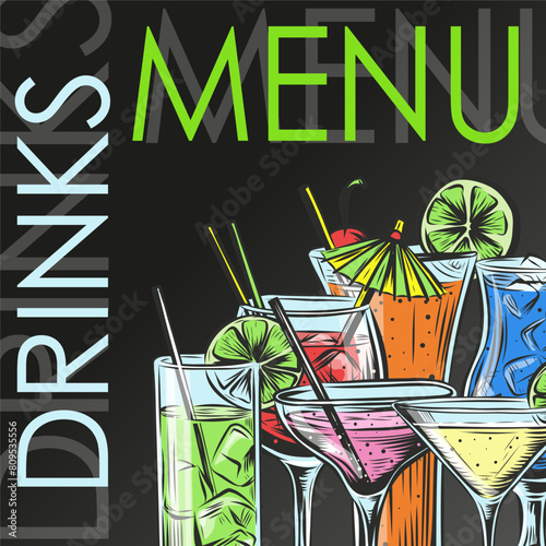 Bar, restaurant menu cover design template with alcoholic drinks, cocktails. Bar menu brochure with different glasses of cocktail and beverages. Modern graphic. Vector illustration for social media, m