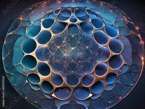 Design a holographic Apollonian network, a network of circles interconnected in a visually captivating pattern, forming an arrangement reminiscent of neural networks. photo