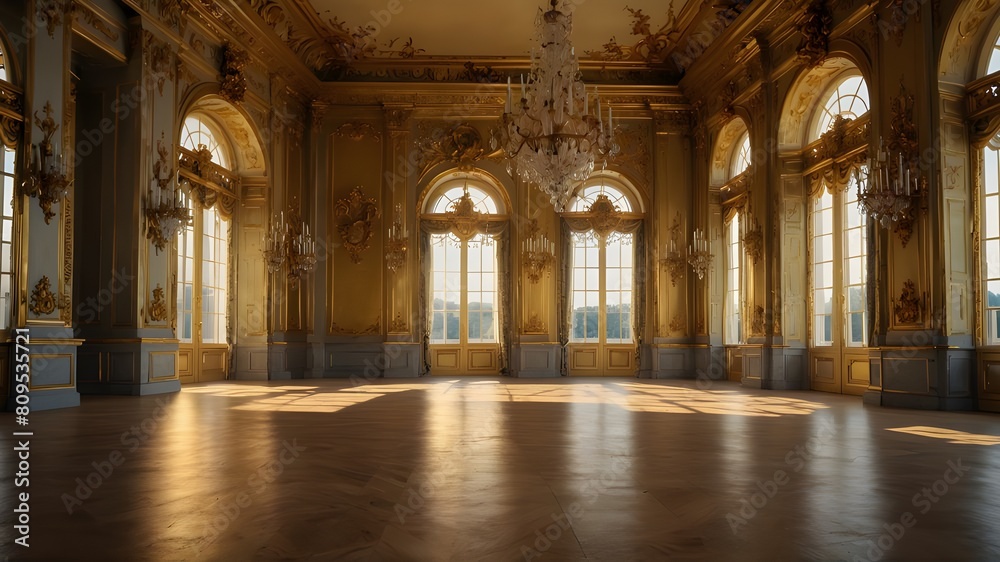 golden ballroom with a large window, large floor in gold palace. Neoclassical style, lavish rococo baroque setting. Ballroom background, palace of versailles, detailed classical architecture