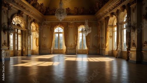 golden ballroom with a large window, large floor in gold palace. Neoclassical style, lavish rococo baroque setting. Ballroom background, palace of versailles, detailed classical architecture
