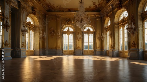 golden ballroom with a large window, large floor in gold palace. Neoclassical style, lavish rococo baroque setting. Ballroom background, palace of versailles, detailed classical architecture photo