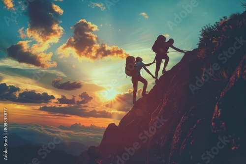 Silhouettes of two people climbing on mountain and helping each other get to the top