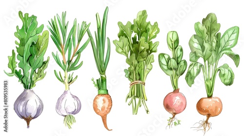 A watercolor cartoon illustration of herbs and vegetables, bursting with color and detail