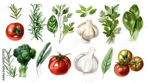 A watercolor cartoon illustration of herbs and vegetables, bursting with color and detail
