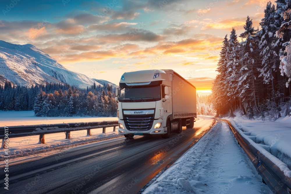 Large truck driving on a road in winter, snow covered landscape and sunset sky background