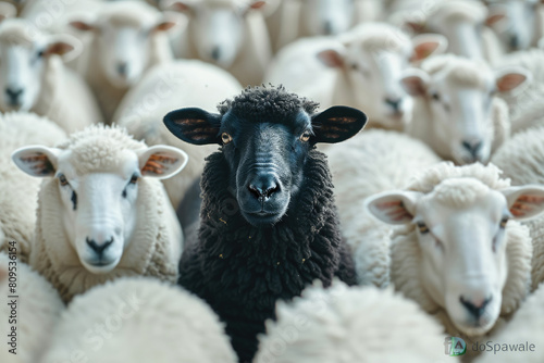 A black sheep among a flock of white sheep, raising head as a leader. Being different and unique with its own identity and special skills among the others