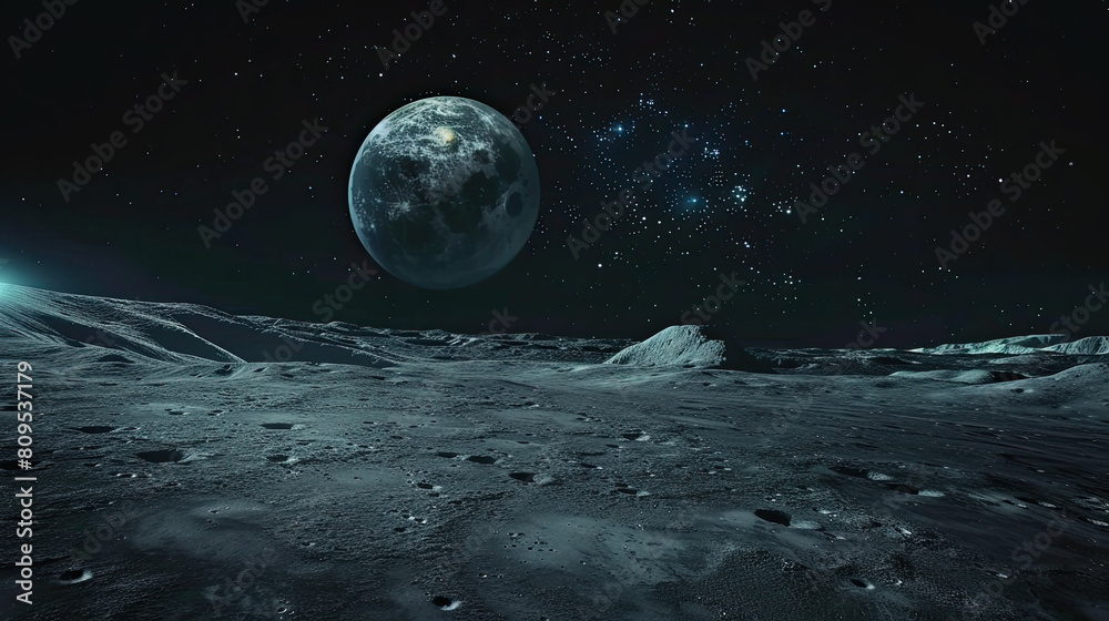 Breathtaking view of the Earth rising over a desolate lunar landscape, featuring a stark, cratered moon surface under a dense starry sky.