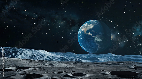 Stunning visualization of the Earth rising above the moon s barren landscape  framed by a star-filled sky  highlighting the stark beauty of outer space.