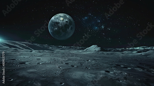 Breathtaking view of the Earth rising over a desolate lunar landscape  featuring a stark  cratered moon surface under a dense starry sky.