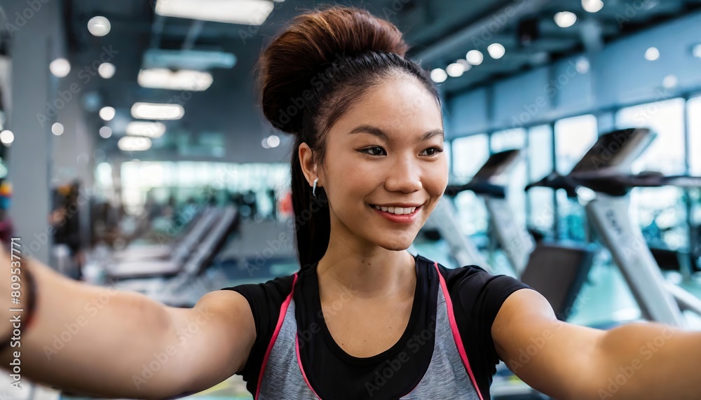 Joyful woman taking a selfie in a gym Joyful woman taking a selfie in a gym