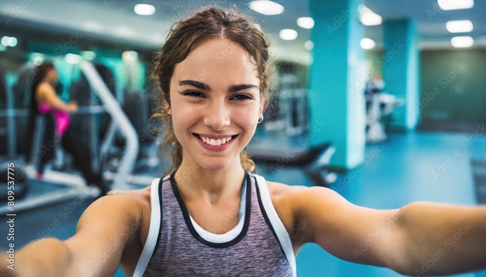Fototapeta premium Joyful woman taking a selfie in a gym