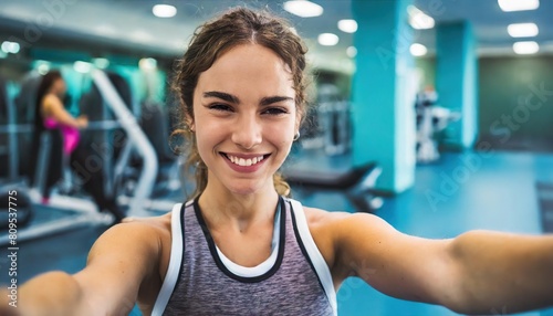  Joyful woman taking a selfie in a gym