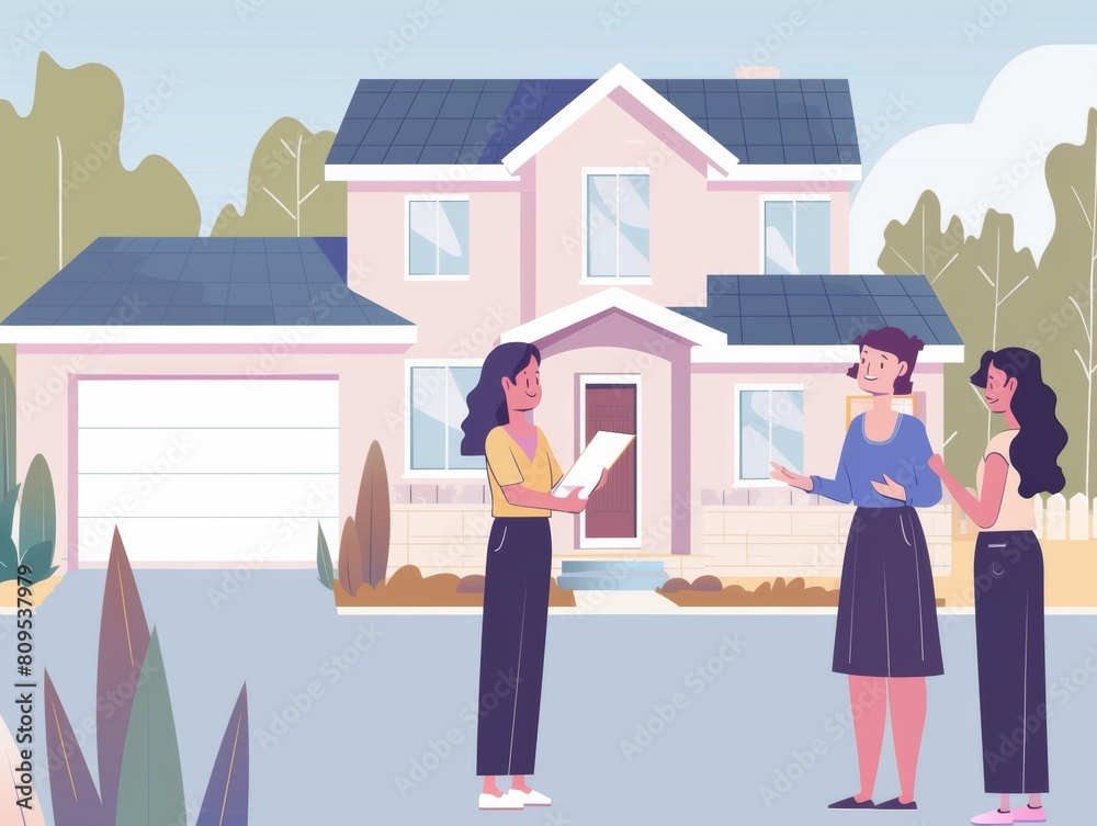 Real estate agent meeting clients to show a house. Real estate agent meeting clients to show a house.