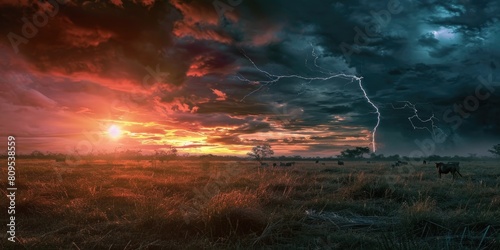 A vivid artwork of an African savannah scene  where the tranquility of a sunset is contrasted with the powerful drama of an approaching thunderstorm. Resplendent.