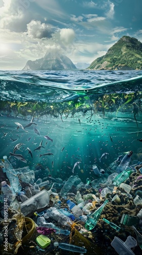 Ocean pollution crisis  above and below water view