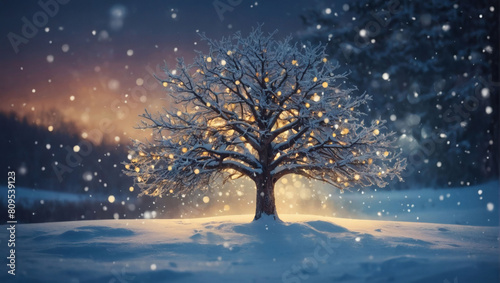 Enchanted Christmas, Digital Illustration of Magical Tree in Snowy Landscape © xKas