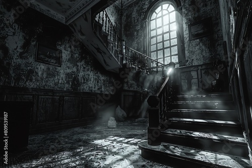 A chilling survival horror scenario set in a deserted, haunted mansion where every room holds a new, terrifying secret photo