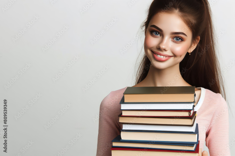 girl with a stack of books on a white background girl with a stack of books on a white background