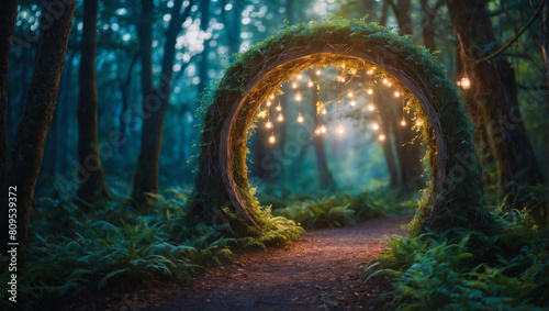 Enchanted Gateway, Teleport Portal Amidst Mystic Fairy Tale Forest photo