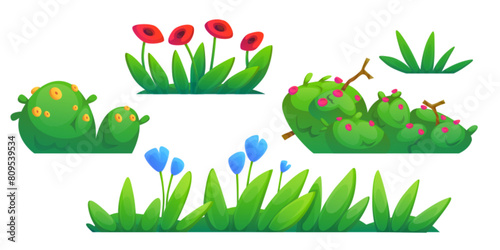 Green grass borders set isolated on white background. Vector cartoon illustration of flowers and lawn, garden, field, forest, park vegetation with lush foliage, organic herbs, floral design elements