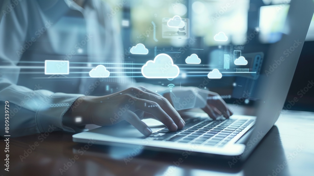 A person using laptop with cloud technology icon on screen and other icons coming out of it A person using laptop with cloud technology icon on screen and other icons coming out of it