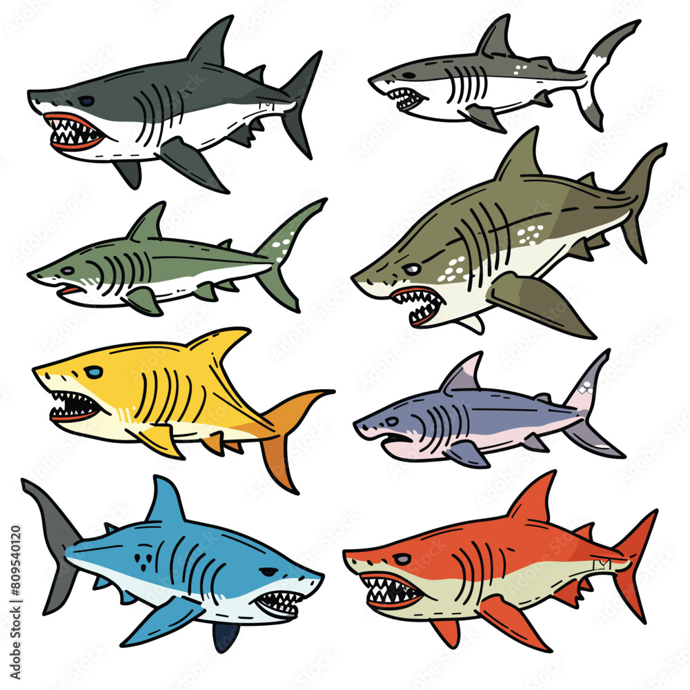 Collection various colorful sharks cartoon style isolated white background. Eight different sharks cartoon characters, marine life theme. Colorful shark species illustration, ocean wildlife Collection various colorful sharks cartoon style isolated white background. Eight different sharks cartoon characters, marine life theme. Colorful shark species illustration, ocean wildlife