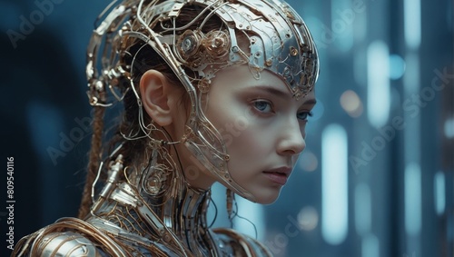 Majestic Robot Queen: Ethereal Beauty in Metallic Form photo