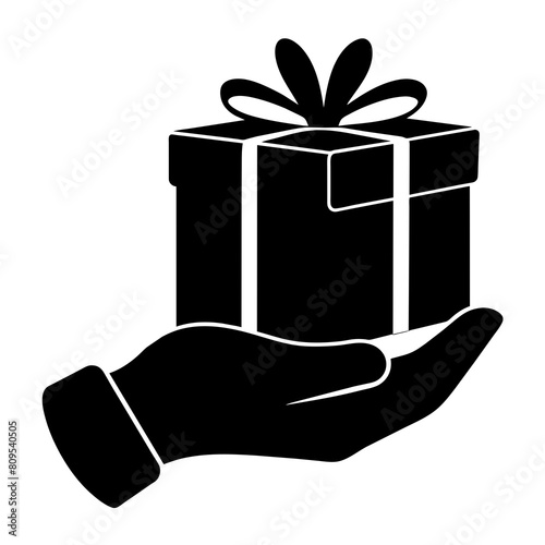 Hand with gift box silhouette vector illustration isolated on a white background.