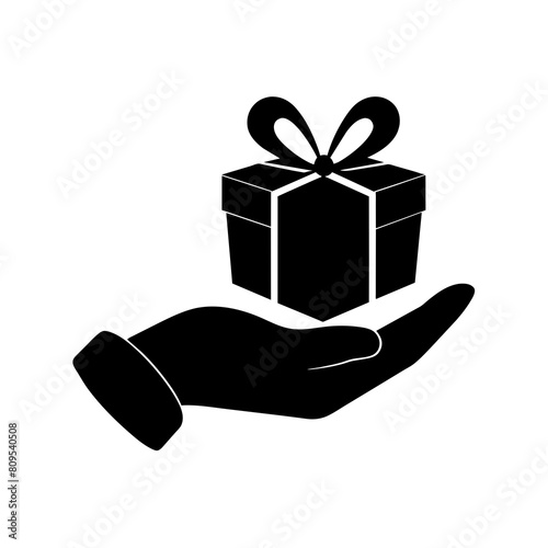 Hand with gift box silhouette vector illustration isolated on a white background.