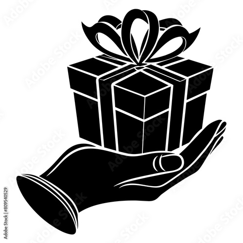 Hand with gift box silhouette vector illustration isolated on a white background.