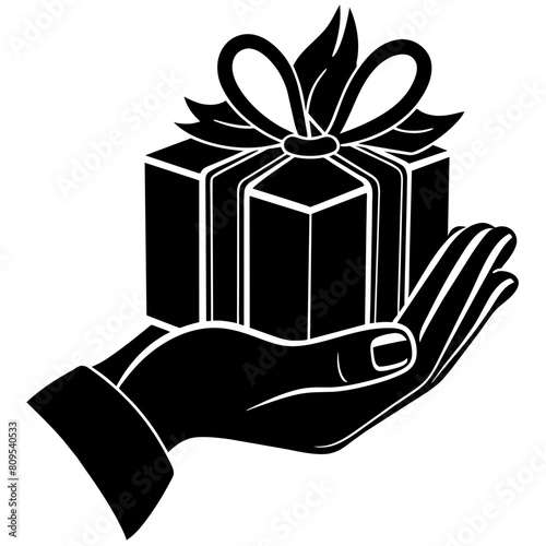 Hand with gift box silhouette vector illustration isolated on a white background.