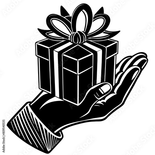 Hand with gift box silhouette vector illustration isolated on a white background.