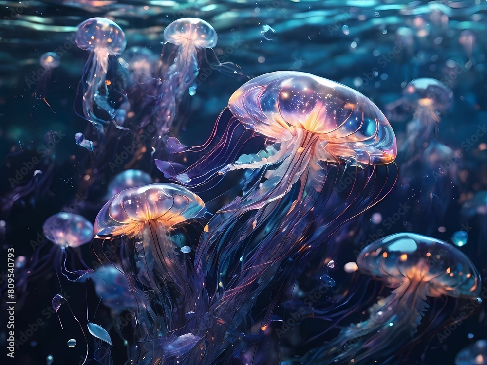Create a holographic swarm of abstract jellyfish, with each ethereal form composed of geometric shapes and patterns that pulse and glow in the depths of the ocean. Create a holographic swarm of abstract jellyfish, with each ethereal form composed of geometric shapes and patterns that pulse and glow in the depths of the ocean.